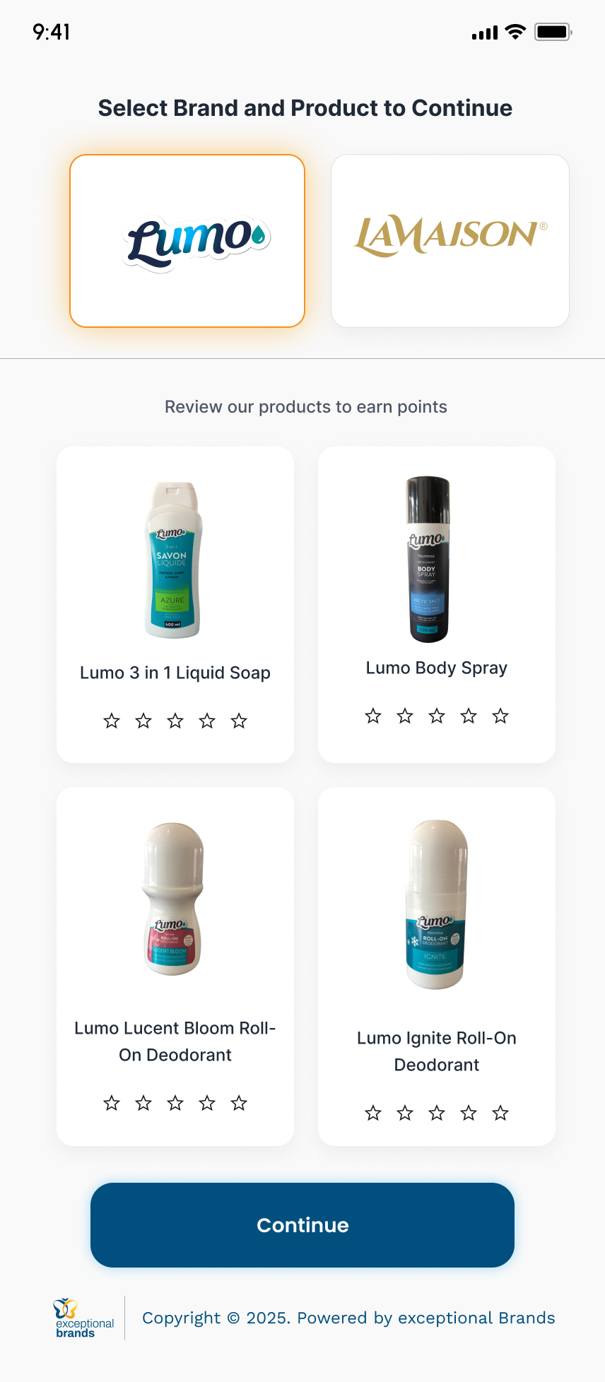 Exceptional Brands product selection screen
